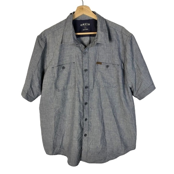 Orvis Chambray Light Blue Woven Tech Short Sleeve Button Down XL - Picture 1 of 3